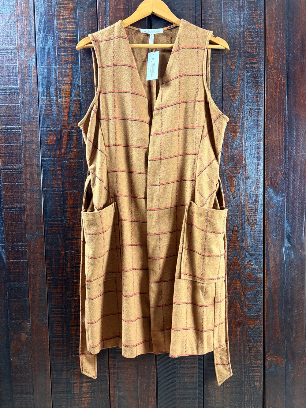 BCBGeneration Tan Plaid Longline Vest Outerwear Duster NWT